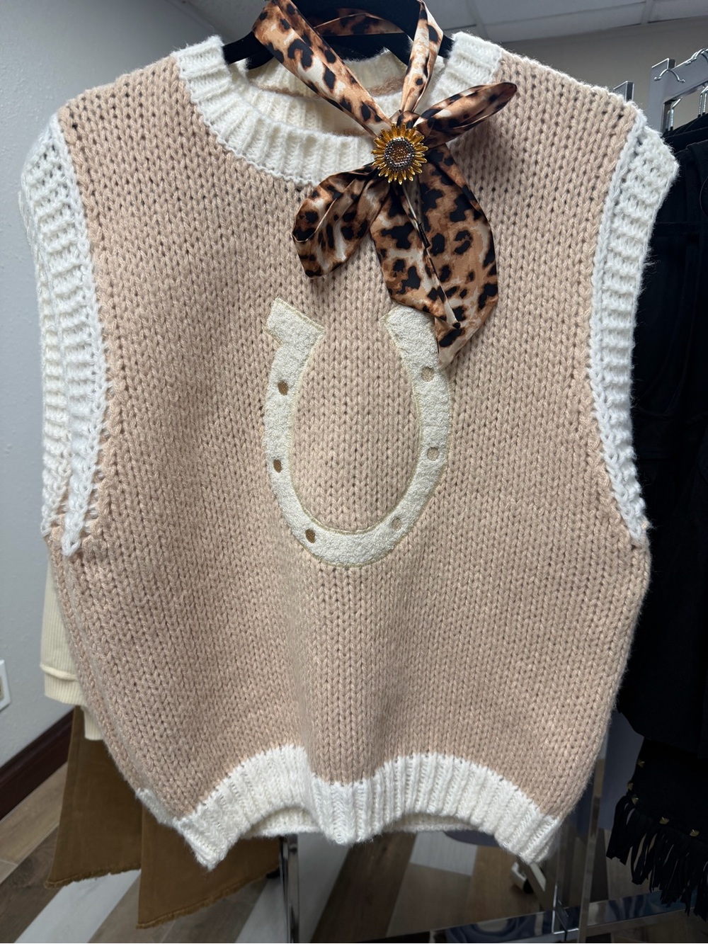 Cream & Tan Knit Horseshoe Sweater Vest